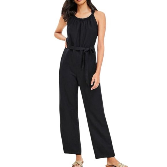 NWT LOFT Linen Blend Black Wide Leg Belted Ankle Womens Large Jumpsuit - Picture 1 of 13